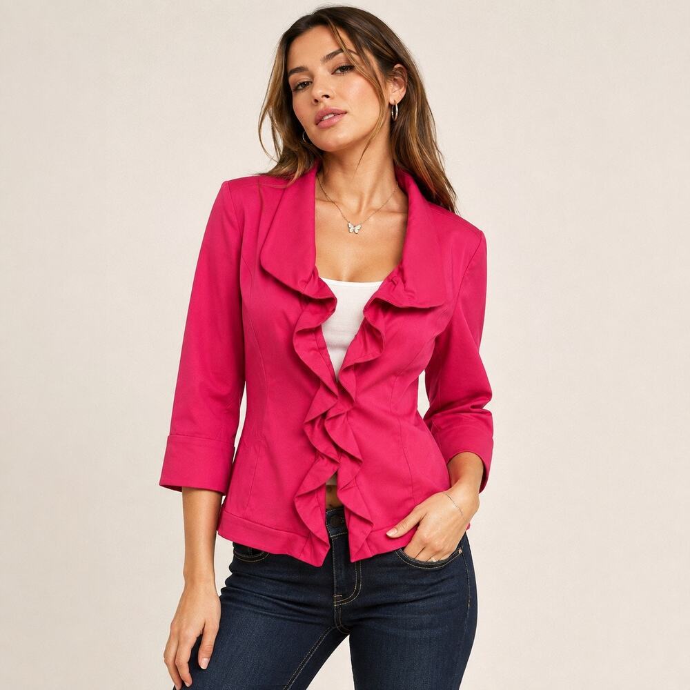Tribal Blazer Women’s 16 Ruffle Front Bright Pink Boxy Y2K Shacket Cardigan